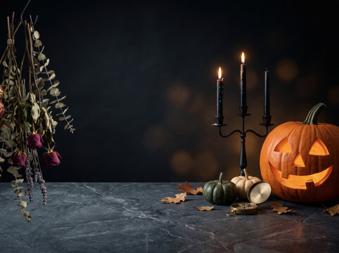 Halloween Jack O Lantern with Lantern and Autumn Leaves on Rustic Wooden Table, Spooky Seasonal Background with Copy Space