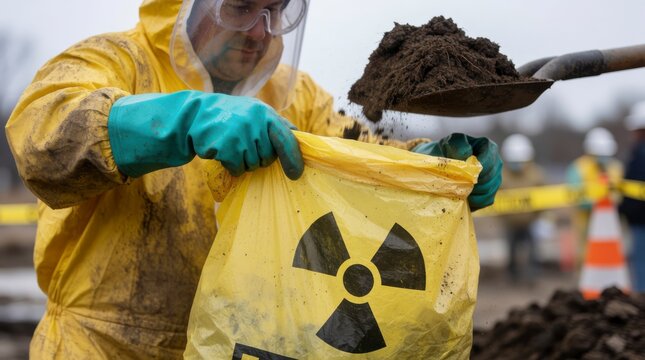 Worker in Protective Gear Collecting Contaminated Soil in a Yellow Bag at a Hazardous Waste Site