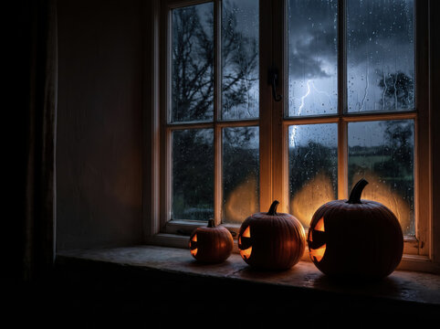 Halloween Haunted Cemetery with Glowing Jack O Lanterns Under Full Moon, Spooky Graveyard Fantasy Background