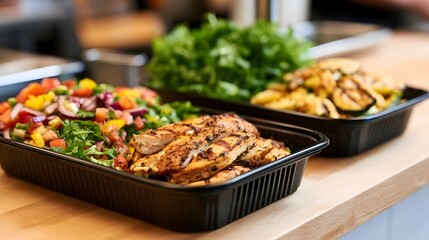 Obraz premium Grilled chicken breast and fresh vegetable salad served in black meal prep containers on a wooden counter
