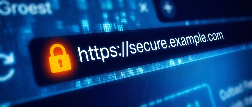 A close up view of a glowing orange padlock icon next to a secure website address in a browser.