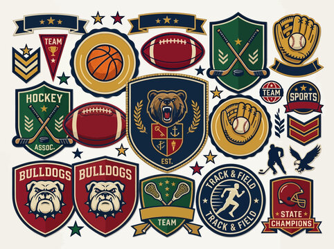 Vintage sports patch collection featuring athletic team emblems and varsity mascots