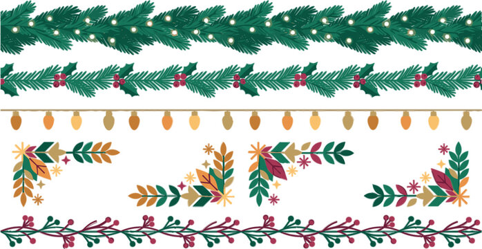  Traditional Christmas pine garland vector set with holiday light strings and corner borders