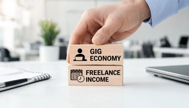 Hand holding wooden block with gig economy and freelance income text on white desk with office supplies and laptop