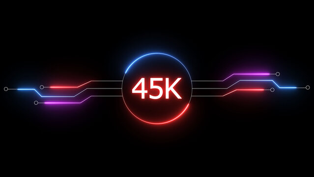 Neon social media followers or subscribers. Neon 45K celebration text illustration background. on a black background. and creating a stunning 4k illustration.