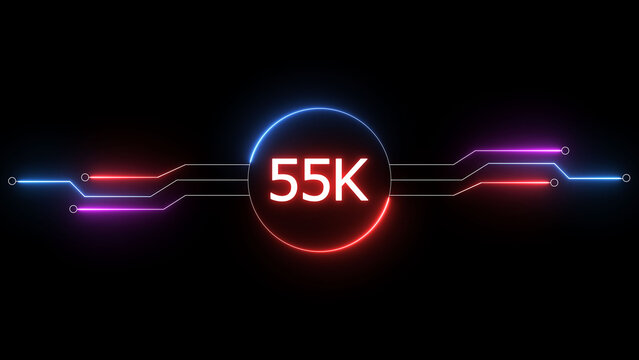 Neon social media followers or subscribers. Neon 55K celebration text illustration background. on a black background. and creating a stunning 4k illustration.