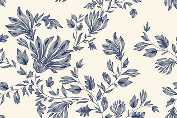 Fototapeta premium Vintage floral ethnic tapestry modern embroidery texture boho design vector illustration hand drawn silhouette indigo blue flower motif branches leaves wallpaper seamless background border.
