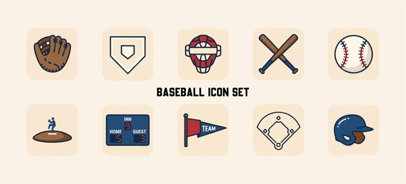 Baseball sports icons set with ball bats glove catcher mask scoreboard and diamond field vector illustration