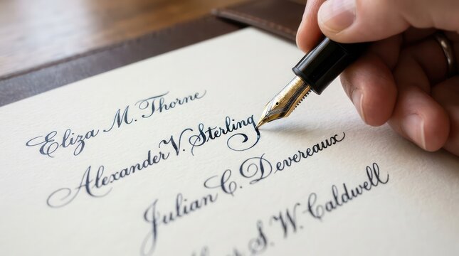Hand writing formal names with fountain pen on luxury textured white paper with dark ink.