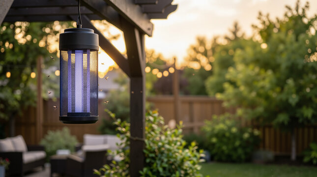 Bug zapper operating in a backyard at sunset. Electric UV light insect trap hanging from a wooden pergola. Pest control concept with flying mosquitoes and copy space