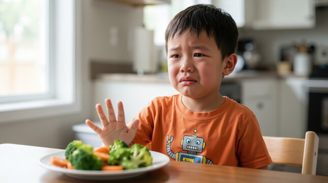 Crying Asian boy refusing to eat healthy food. Upset child holding hand up to stop plate of broccoli and carrots. Picky eater and parenting problem concept