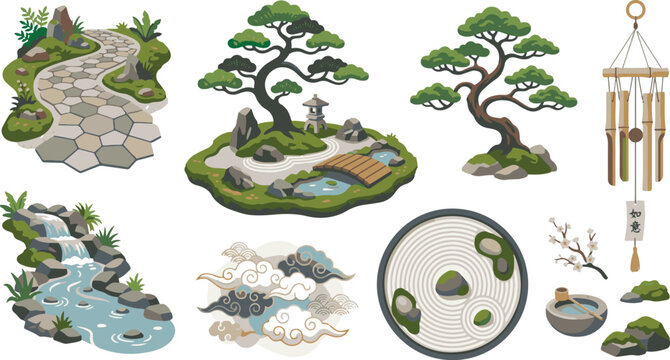Traditional oriental landscape icons featuring bonsai, wind chime, and sand garden