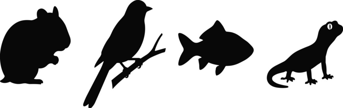 Black silhouette icons of small domestic pets including hamster bird on branch fish and lizard