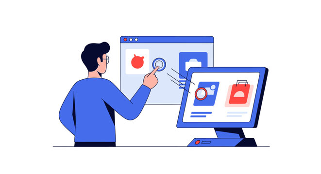 Flat Vector Illustration of a Designer Creating an E-commerce Website Interface with Drag and Drop Elements