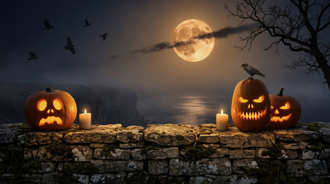 Halloween Glowing Jack O Lanterns Under Full Moon with Candles, Spooky Night Landscape Background