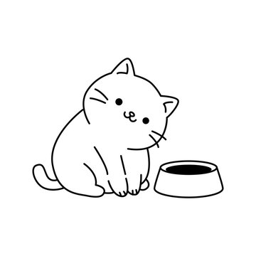 Cute Cat Sitting with Food Bowl Line Icon Illustration