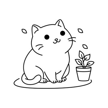 Cute Cat with Plant Pot Line Icon Illustration