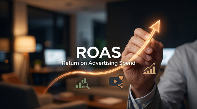 Businessman hand drawing rising roas trend with analytics icons, digital advertising, revenue analytics, marketing growth