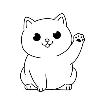 Cute Waving Cat Line Icon Illustration