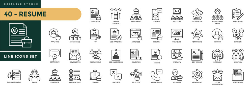 A collection of Resume icons set with editable stroke, including career, recruitment, human resource management, search, career development, employment. Thin linear vector illustration