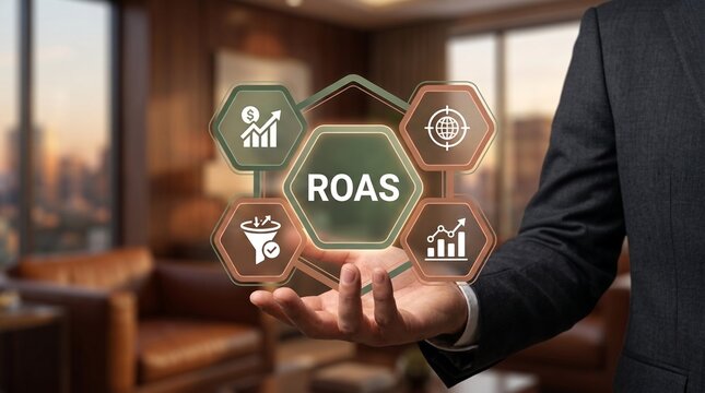 Executive man hand holding roas analytics interface, digital advertising, revenue analytics, ad performance and business growth