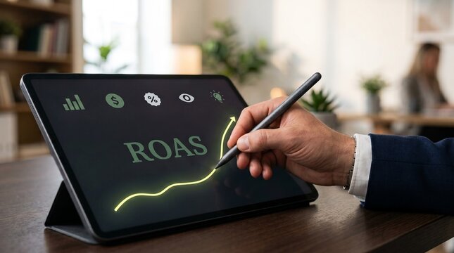 Businessman hand using stylus drawing roas growth path with data icons in modern office, digital advertising, revenue analytics