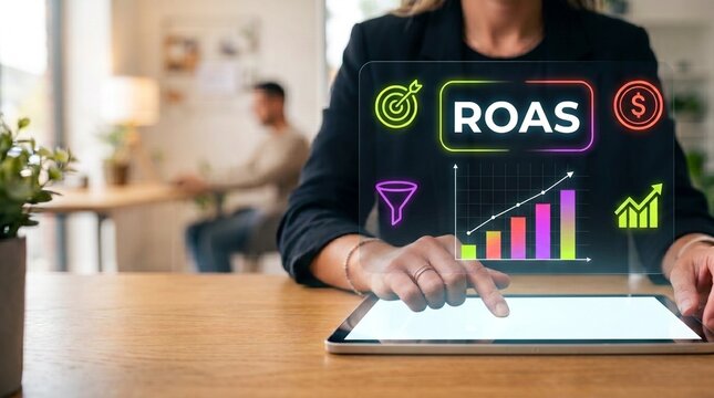 Woman hands using tablet with roas dashboard growth chart and metric icons in workspace, digital advertising, revenue analytics