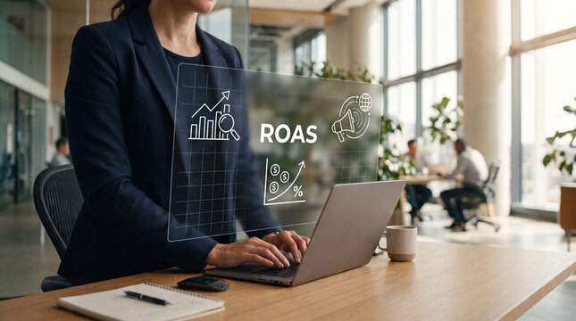 Professional woman using laptop with roas analytics dashboard and growth icons in modern office, digital advertising, revenue analytics