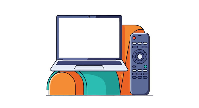 A colorful illustration of a laptop computer and remote control sitting on top of a stack of vibrant, rolled-up mats in an indoor setting.
