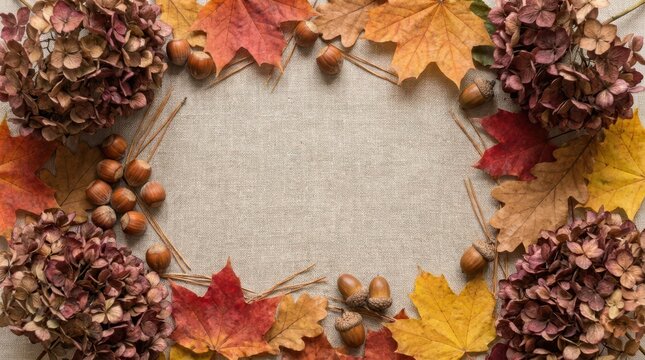 Oval frame border composed of dried hydrangea flowers, brown oak leaves, maple foliage, acorns, and walnuts on a rustic linen fabric backdrop.