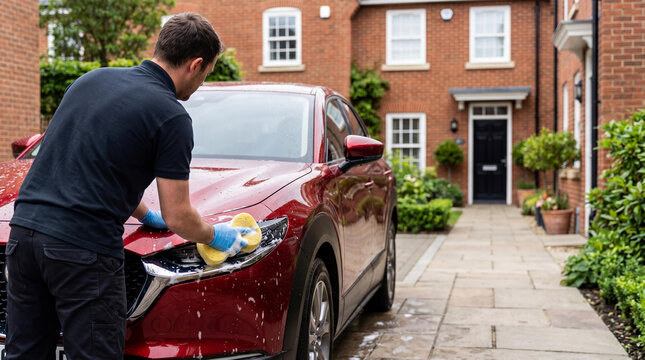 Man performing car wash service in residential driveway. Professional cleaner washing red vehicle with sponge and soap foam. Mobile auto detailing concept for home maintenance support.