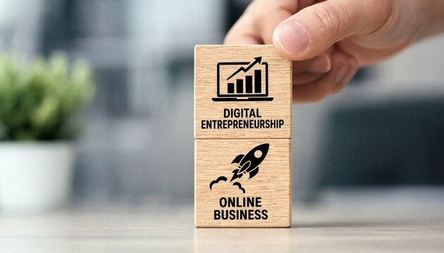 Hand holding wooden blocks with digital entrepreneurship and online business concepts on a desk in a blurred office environment with a plant