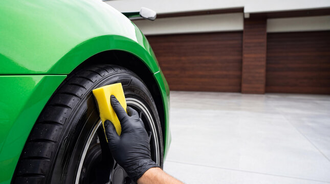 Man cleaning car tire with sponge. Professional car detailer in glove washing vehicle wheel for maintenance. On-site automotive detailing service, vehicle care and exterior cleaning concept.