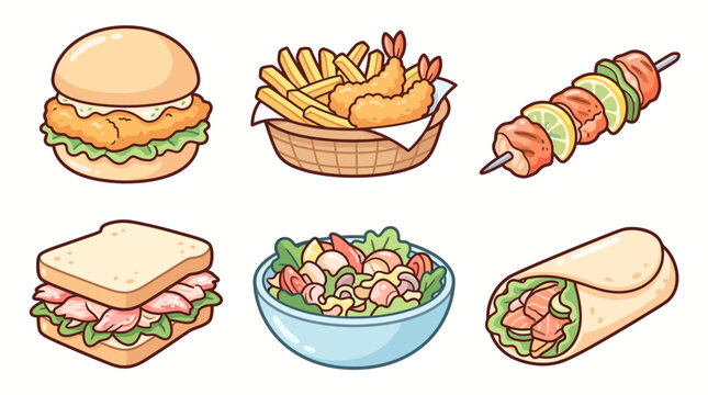 Collection of Hand Drawn Fast Food Items and Delicious Healthy Meal Icons Set