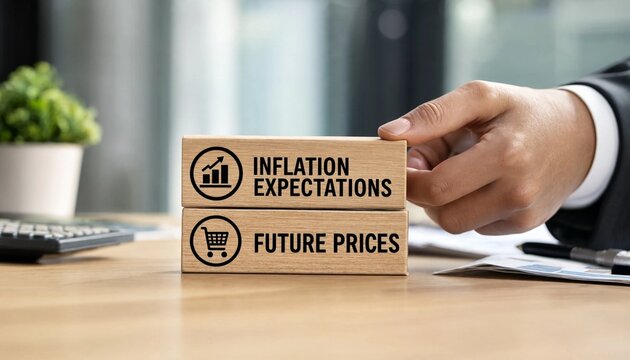 Hand holding wooden blocks with inflation expectations and future prices on a desk in an office  financial concepts and economic indicators
