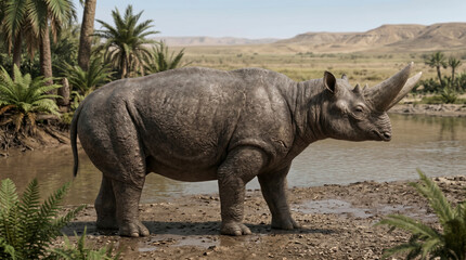 Fototapeta premium Arsinoitherium (Arsinoitherium zitteli) was a large, rhino-like mammal with two horns from the Late Eocene.