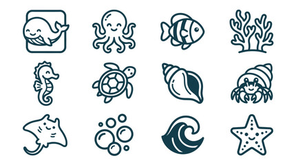 Collection of 12 cute sea life line icons featuring a whale, octopus, fish, coral, seahorse, turtle, shell, hermit crab, stingray, bubbles, ocean wave, and starfish on a white background. © Latifatul