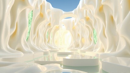 Fototapeta premium Abstract interior, flowing organic shapes, soft lighting, futuristic design. Minimalist space evokes calm, serene atmosphere.