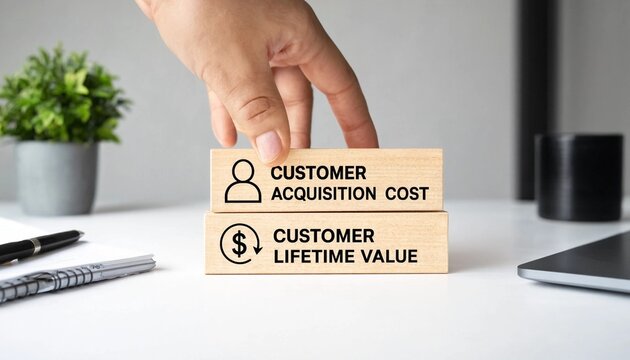 Hand placing wooden block with customer acquisition cost and customer lifetime value on white desk with office supplies and plant