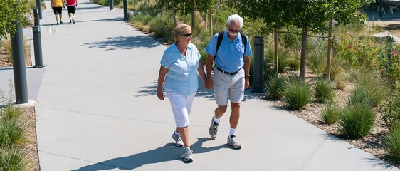 Obraz premium Senior couple walks hand in hand on paved path. 64k 8k widescreen, HDR