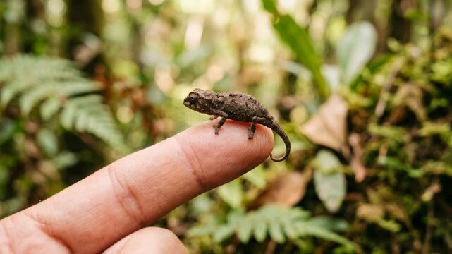 brookesia micra chameleon close up on finger madagascar soft light video