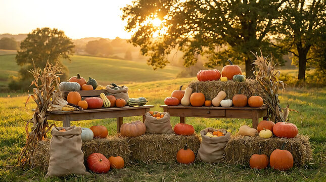 Autumn harvest display of various gourds and pumpkins in golden sunlight
