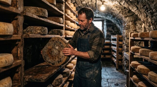 Artisan cheesemaker handling aged cheese wheel