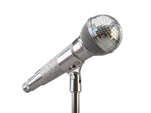 Shiny silver disco ball microphone on stand isolated