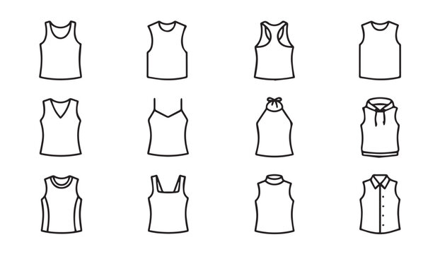Collection of simple line drawings of various sleeveless tops and shirts on a white background