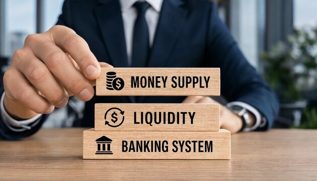 Man in suit placing wooden block with money supply icon and text on top of blocks with liquidity and banking system icons and texts on a desk