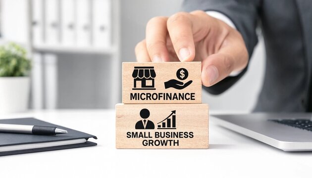Man placing wooden block with microfinance concept on top of small business growth block on office desk with laptop and notebook