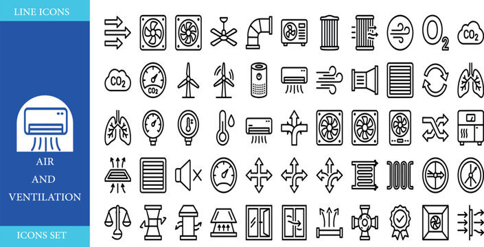 Air ventilation line icon set featuring HVAC, cooling, airflow, fan, vent, air conditioning, and filtration. Professional editable vector illustration for home and office systems.