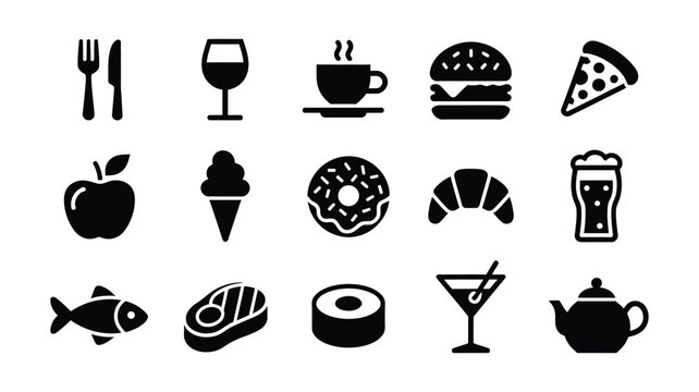 Food glyph icons, pizza, burger, coffee, wine, sushi, and beverage symbols for restaurant, cafe, menu, culinary, and dining design projects.