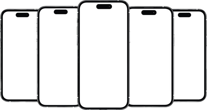 Smartphone vector mockup set with blank white screens and dynamic island notch isolated on a clean white background